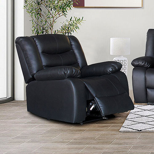 Black PU leather recliner chair in reclined position with padded armrests and seat