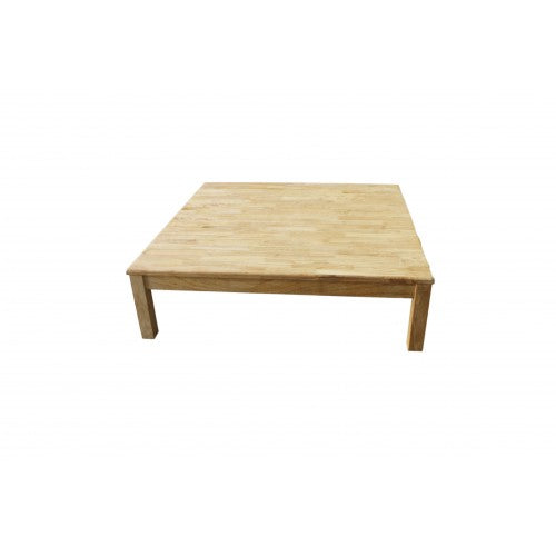 Low square wooden coffee table with flat top and solid legs