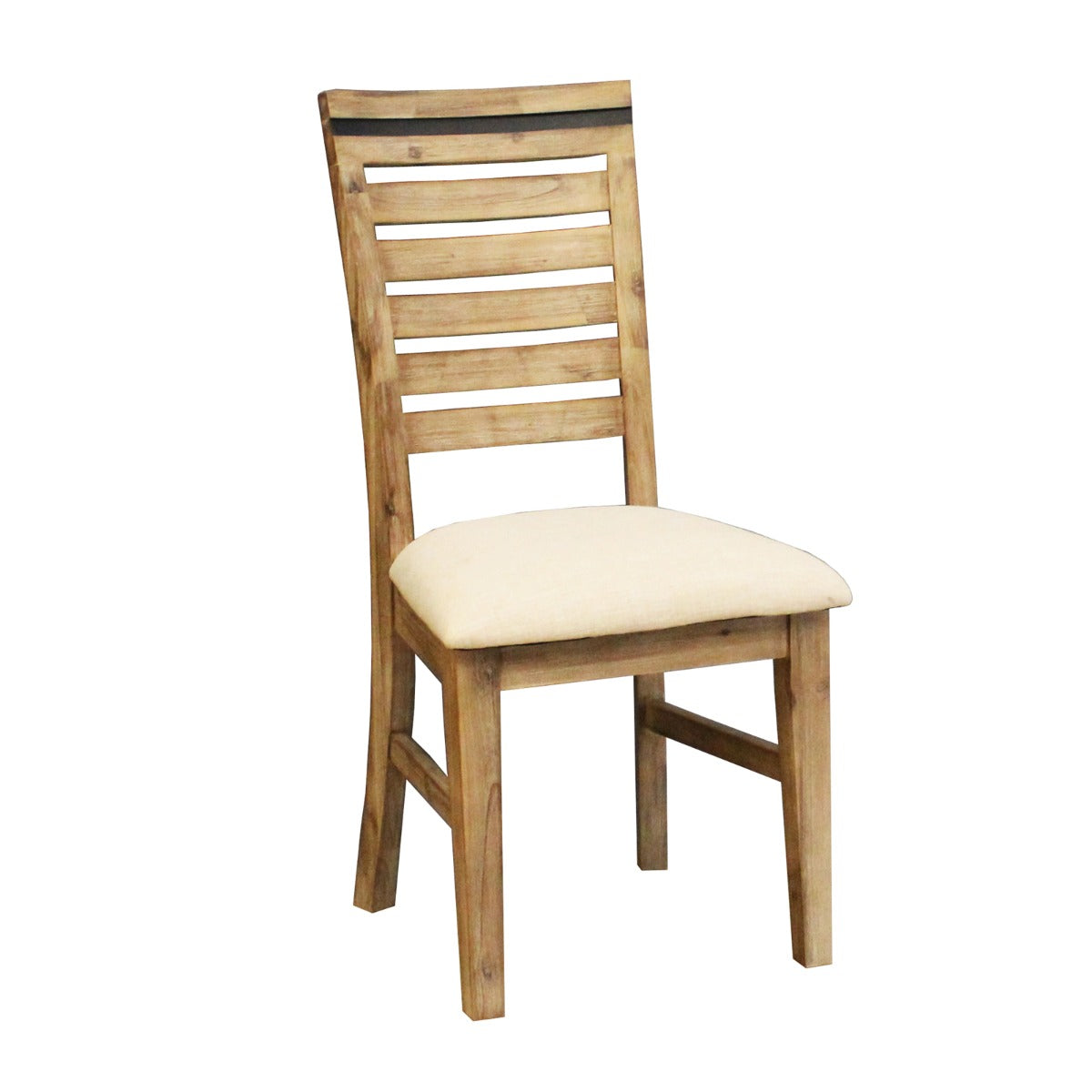 Acacia wooden dining chair with slatted back and light beige upholstered seat
