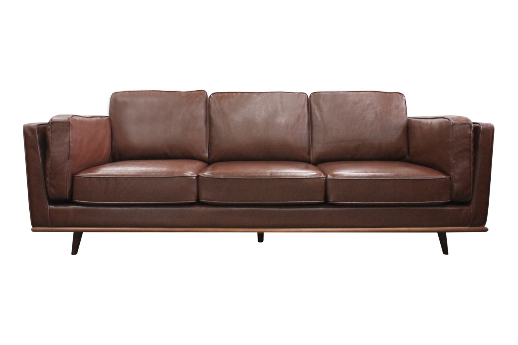 Brown 3-seat faux leather sofa with three seat cushions and wooden legs, low profile