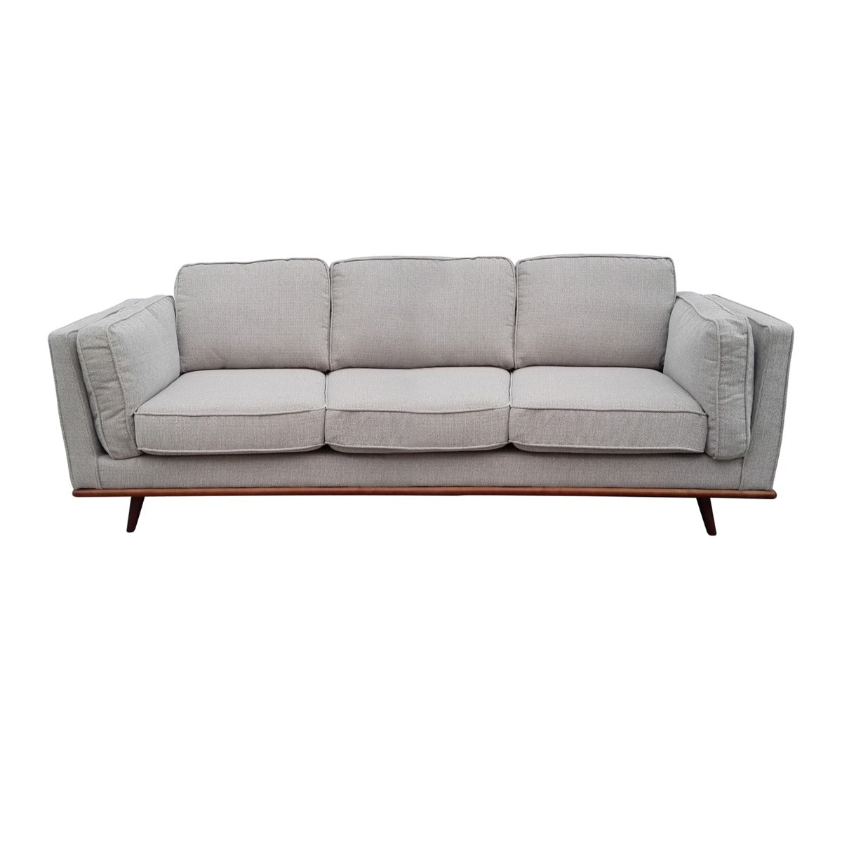Beige fabric 3-seat sofa with three seat cushions and tapered wooden legs