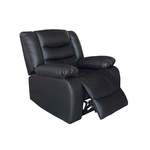 Black PU leather recliner chair with padded arms, button back, and built-in footrest