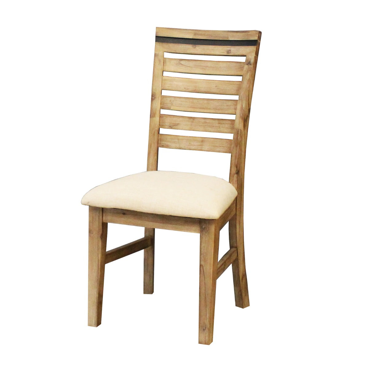 Acacia wooden dining chair with slatted back and light beige square seat