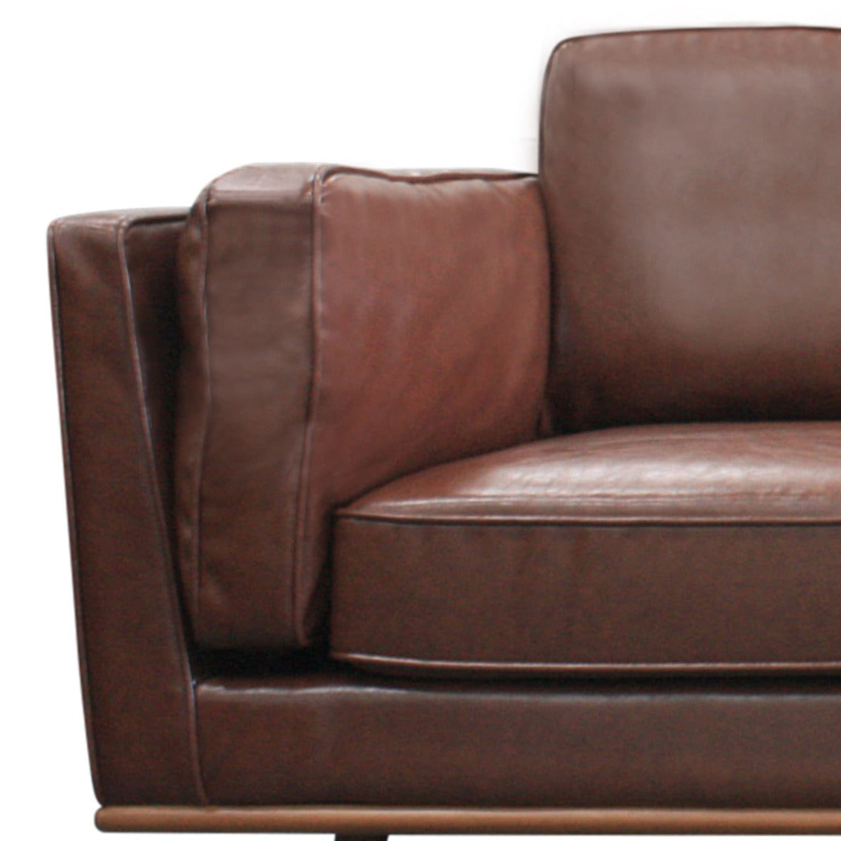 Brown faux leather sofa armrest and seat cushion with stitched seams and wooden frame