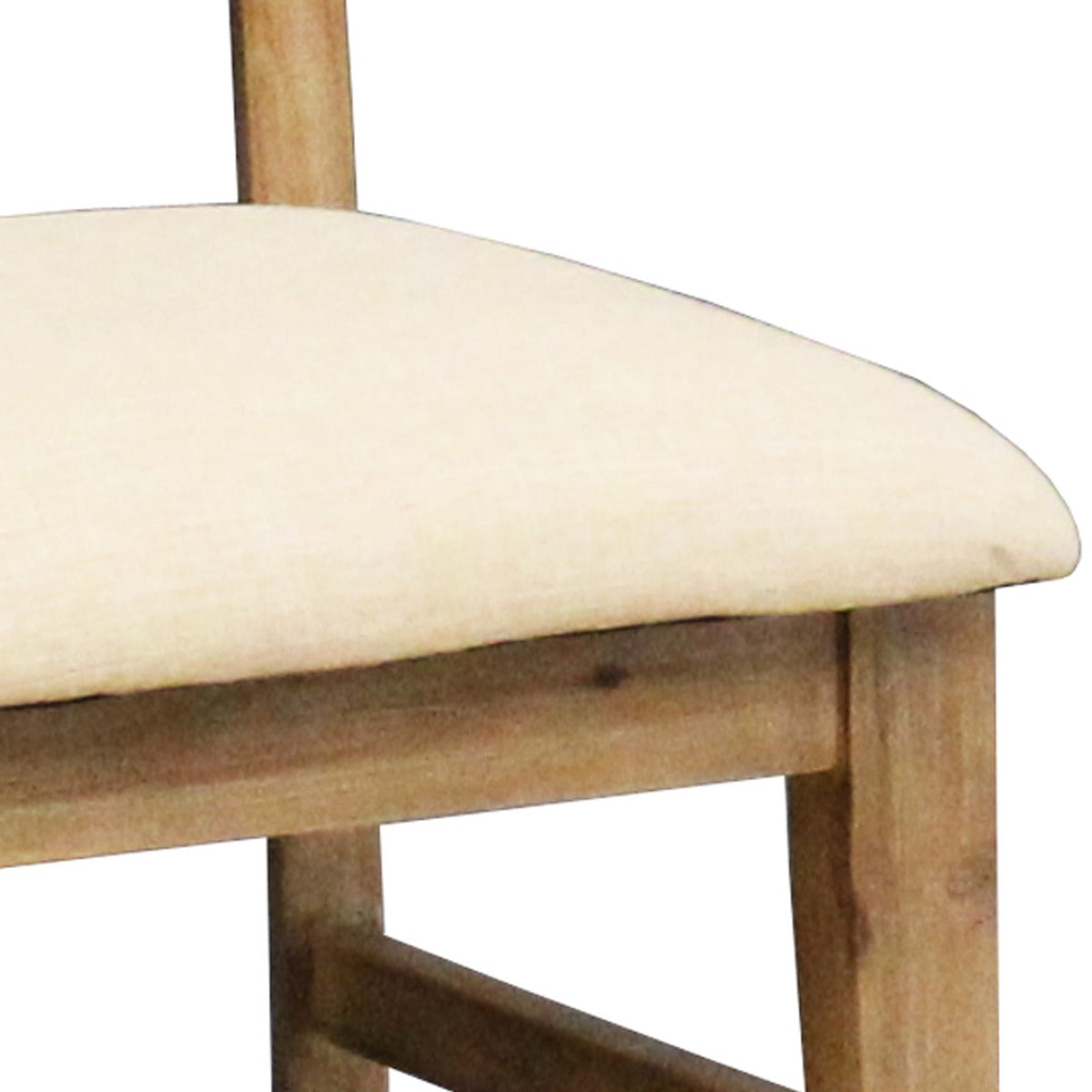 Light beige padded dining chair seat on acacia wooden frame