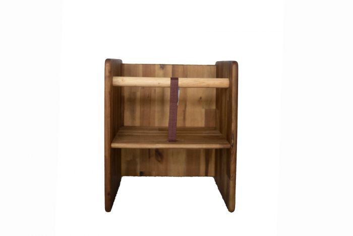 3 in 1 toddler chair with wooden frame, slatted back, and front shelf compartment
