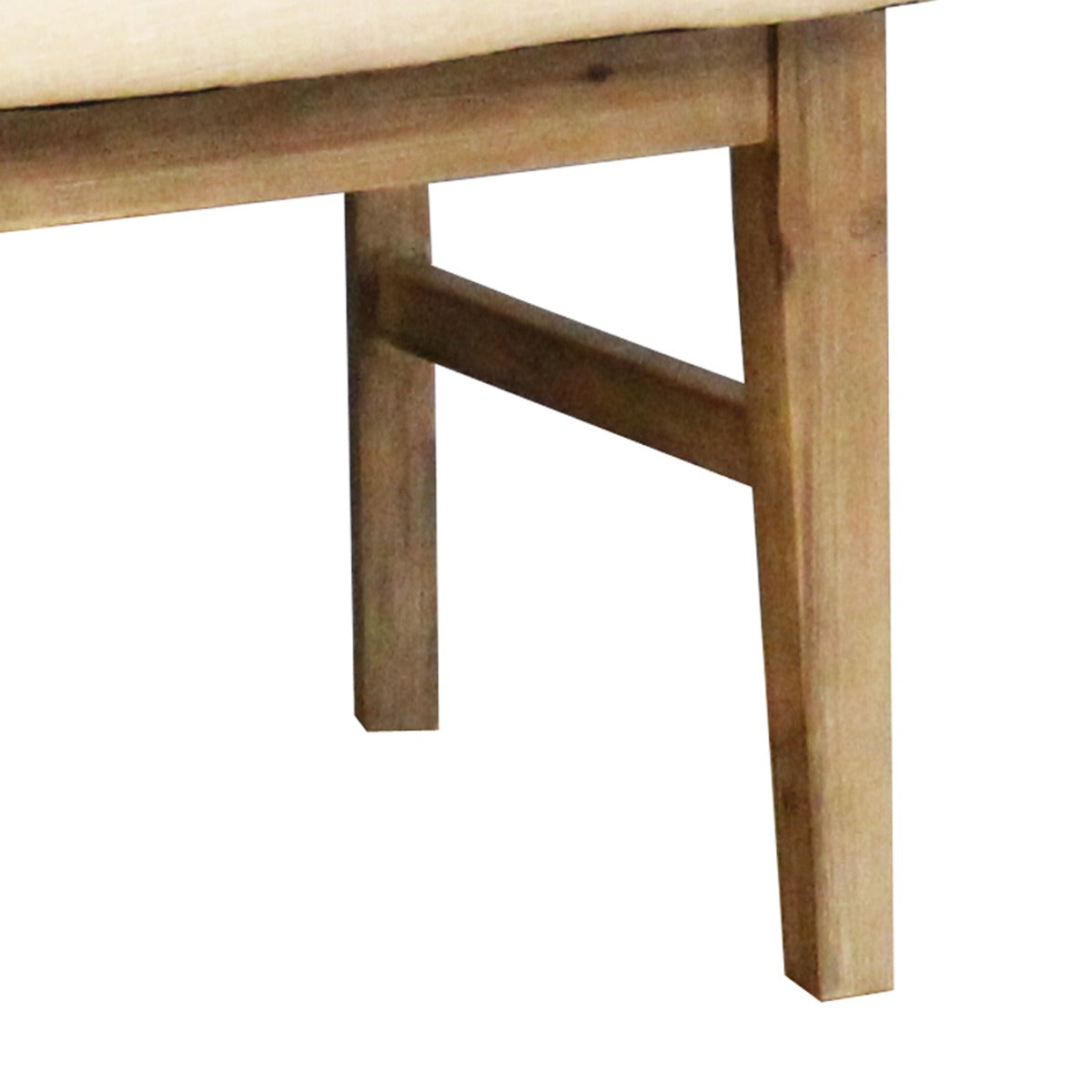 Acacia dining chair legs with angled support bar under the padded seat