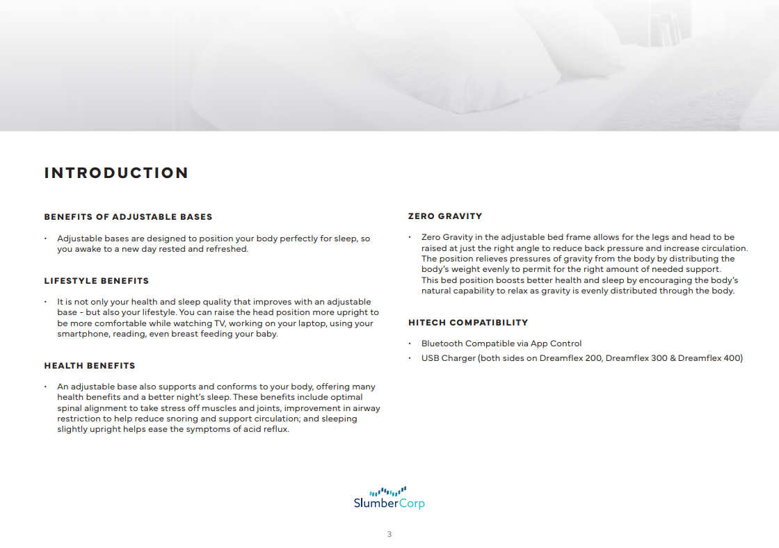 Brochure page about adjustable bed frames with text on benefits and features.