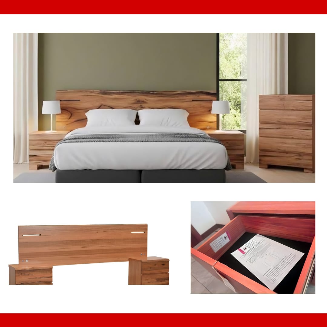 Marri & Veneer 3 Pcs Adjustable Headboard Bedside Suite - King/Queen with USB & LED