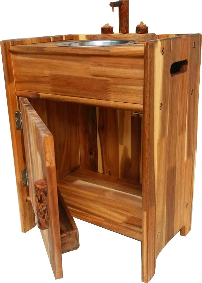 Natural wooden sink cabinet with stainless basin, open front shelf, faucet and handles