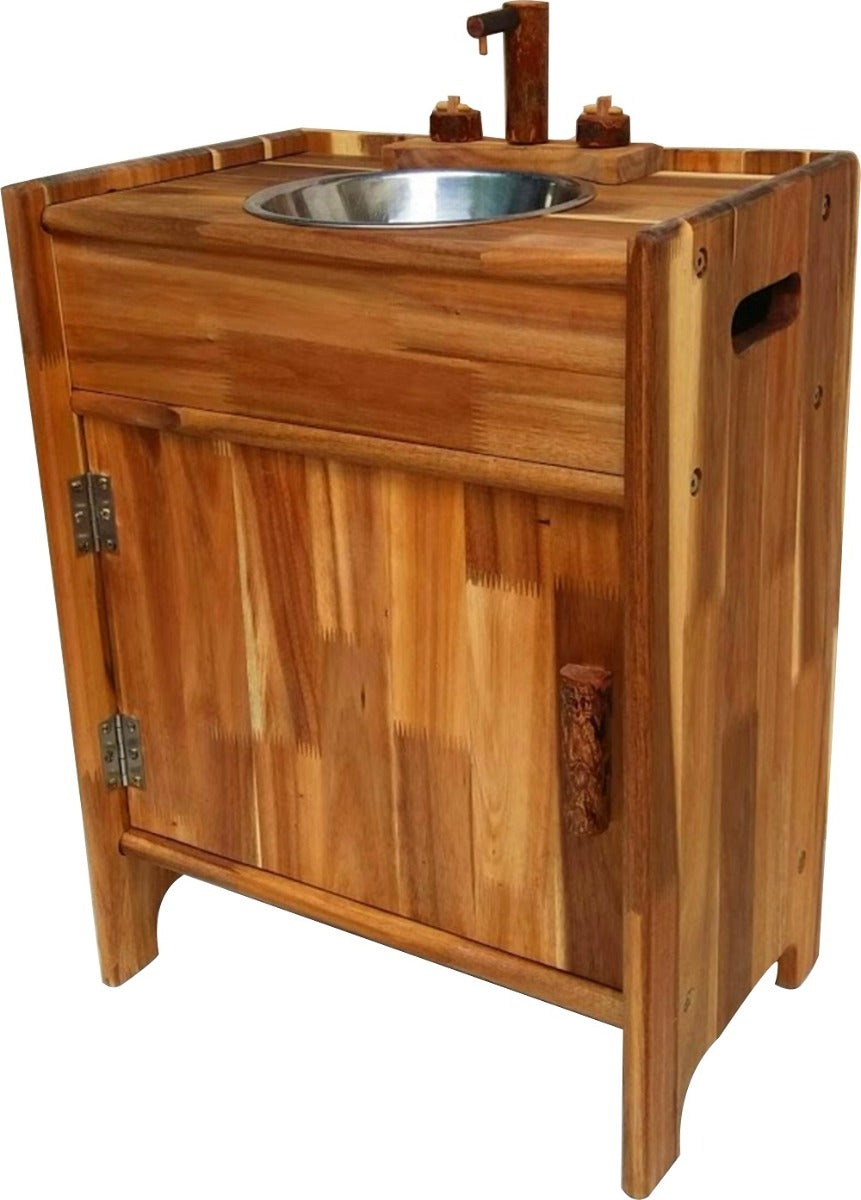 Natural wooden sink cabinet with stainless basin, closed front doors, faucet and handle