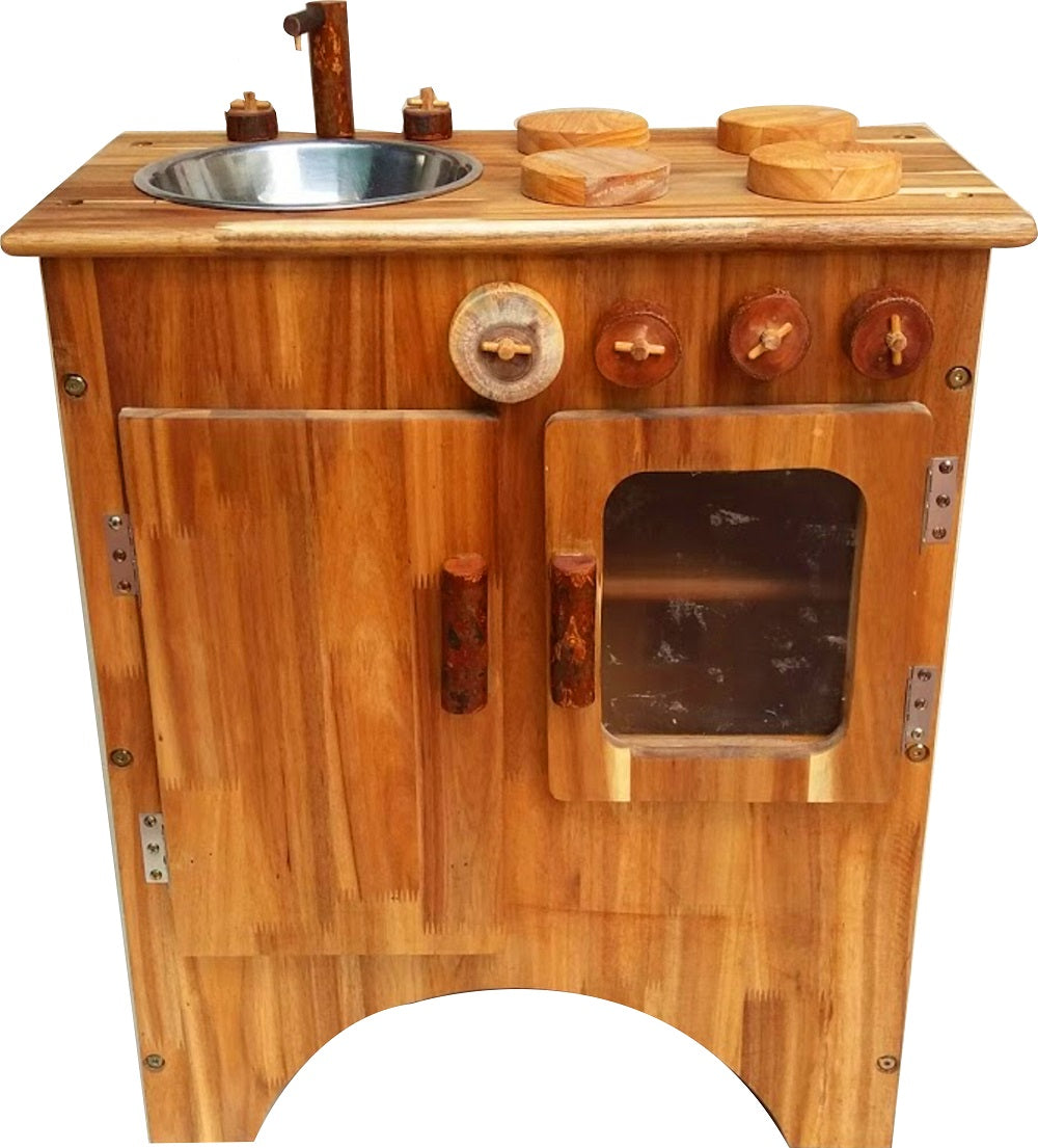 Wooden play stove and sink cabinet with metal sink basin, knobs, and stove door