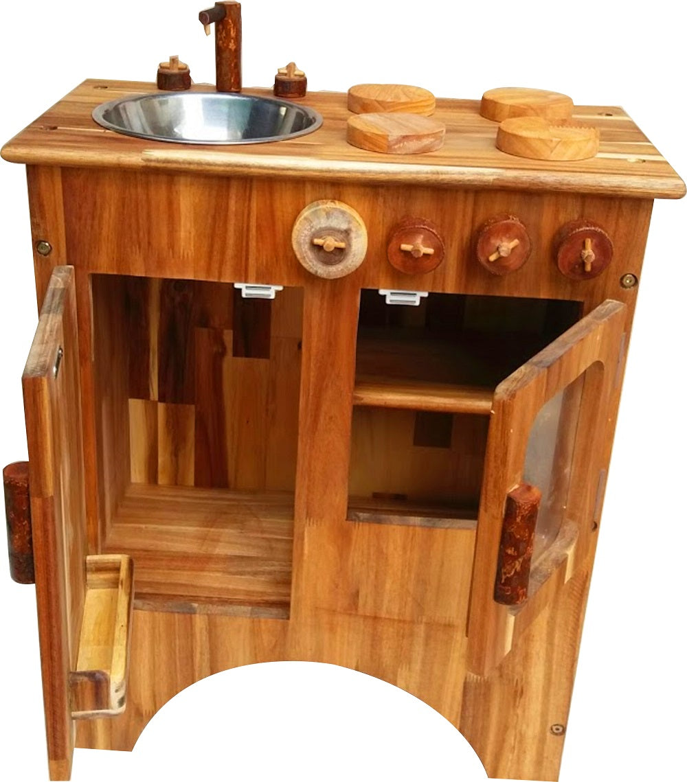 Wooden play stove and sink cabinet with open doors, metal sink basin, internal shelves