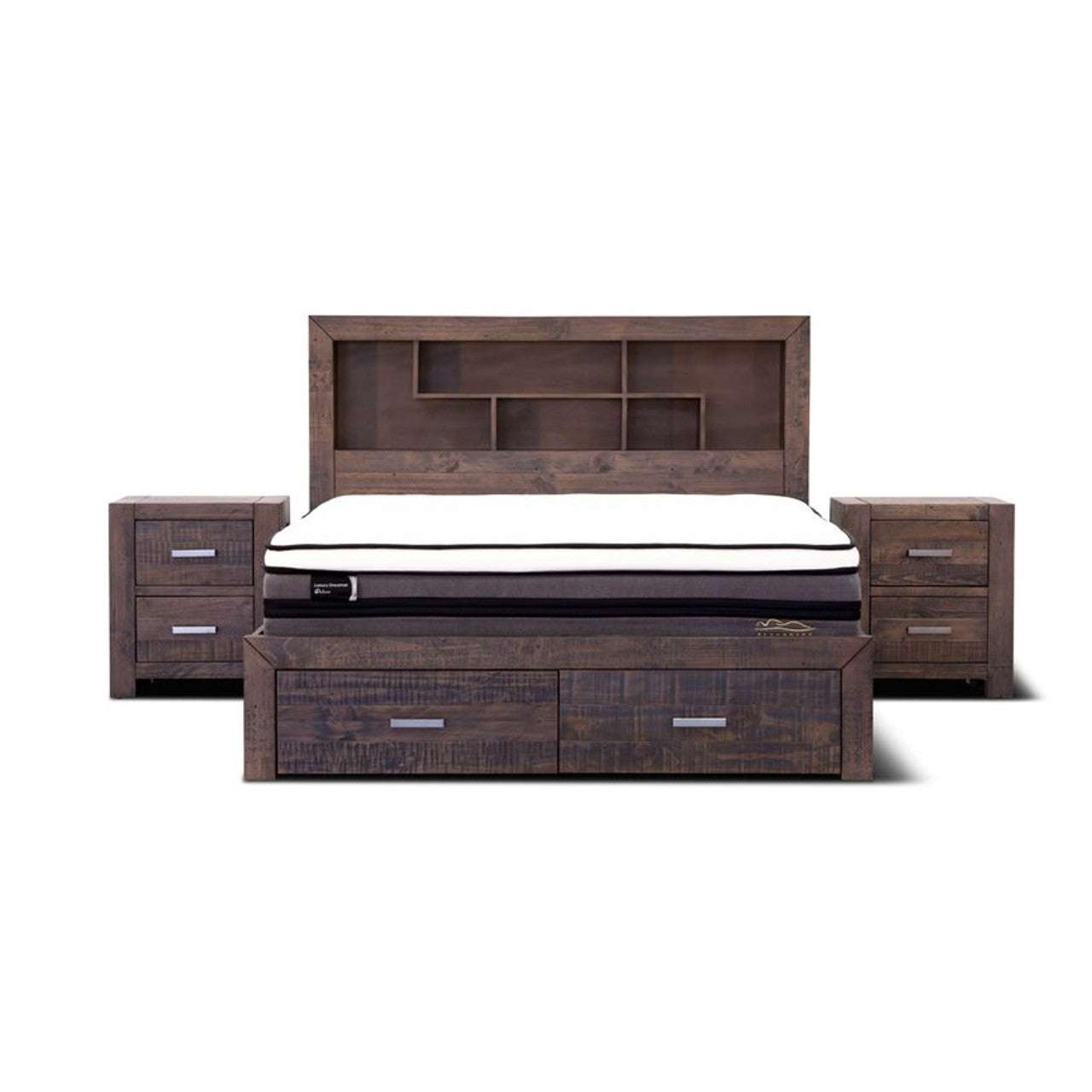 Sedona Timber Bed Frame with Bookshelf & Storage 4-Piece Bedroom Suite