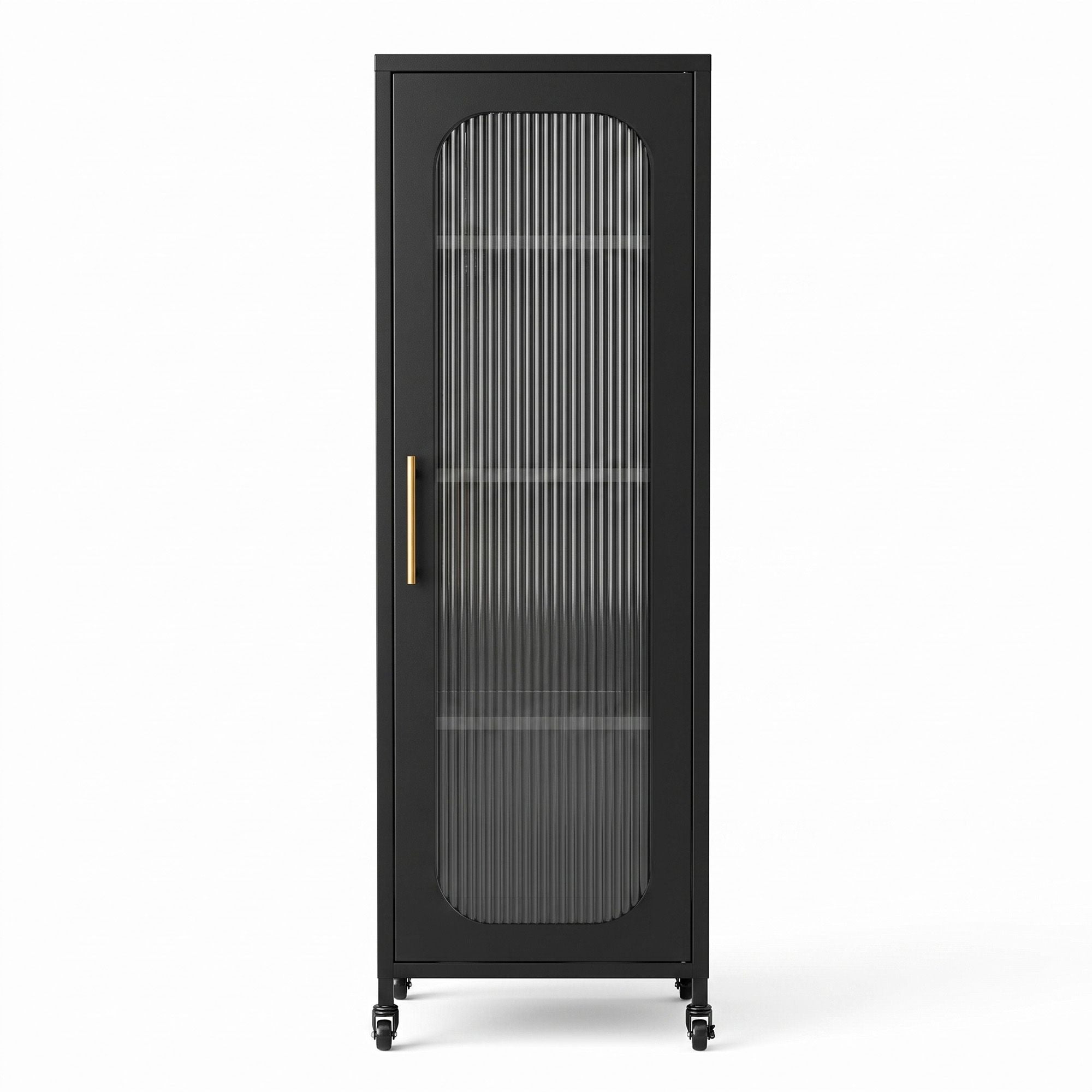 Artiss Buffet Cabinet Sideboard Slim Fluted Kitchen Storage Trolley Wheels Black Bedworld