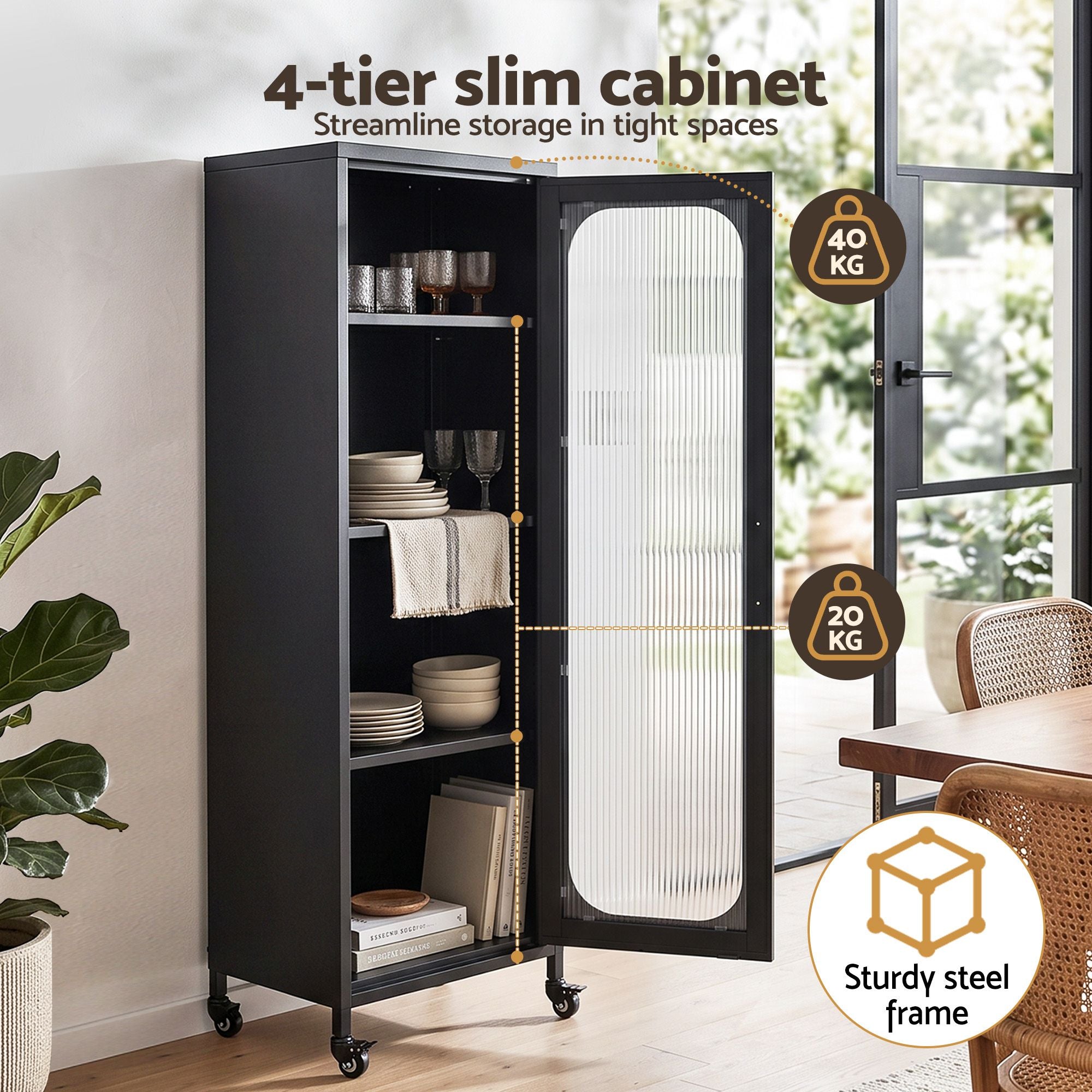 Artiss Buffet Cabinet Sideboard Slim Fluted Kitchen Storage Trolley Wheels Black Bedworld