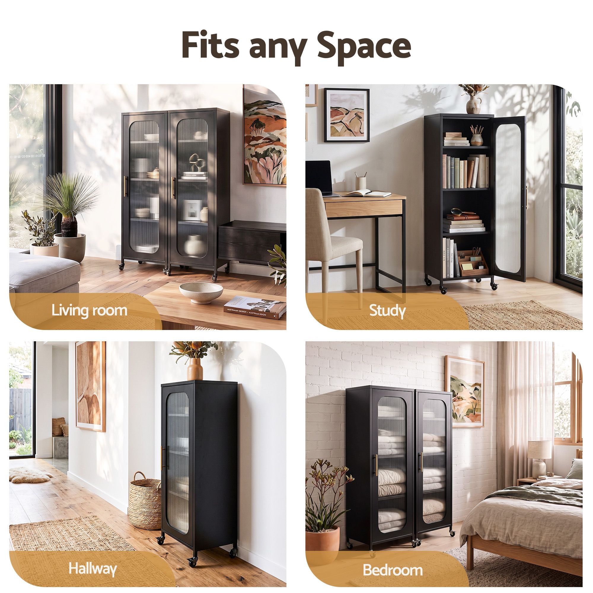 Artiss Buffet Cabinet Sideboard Slim Fluted Kitchen Storage Trolley Wheels Black Bedworld