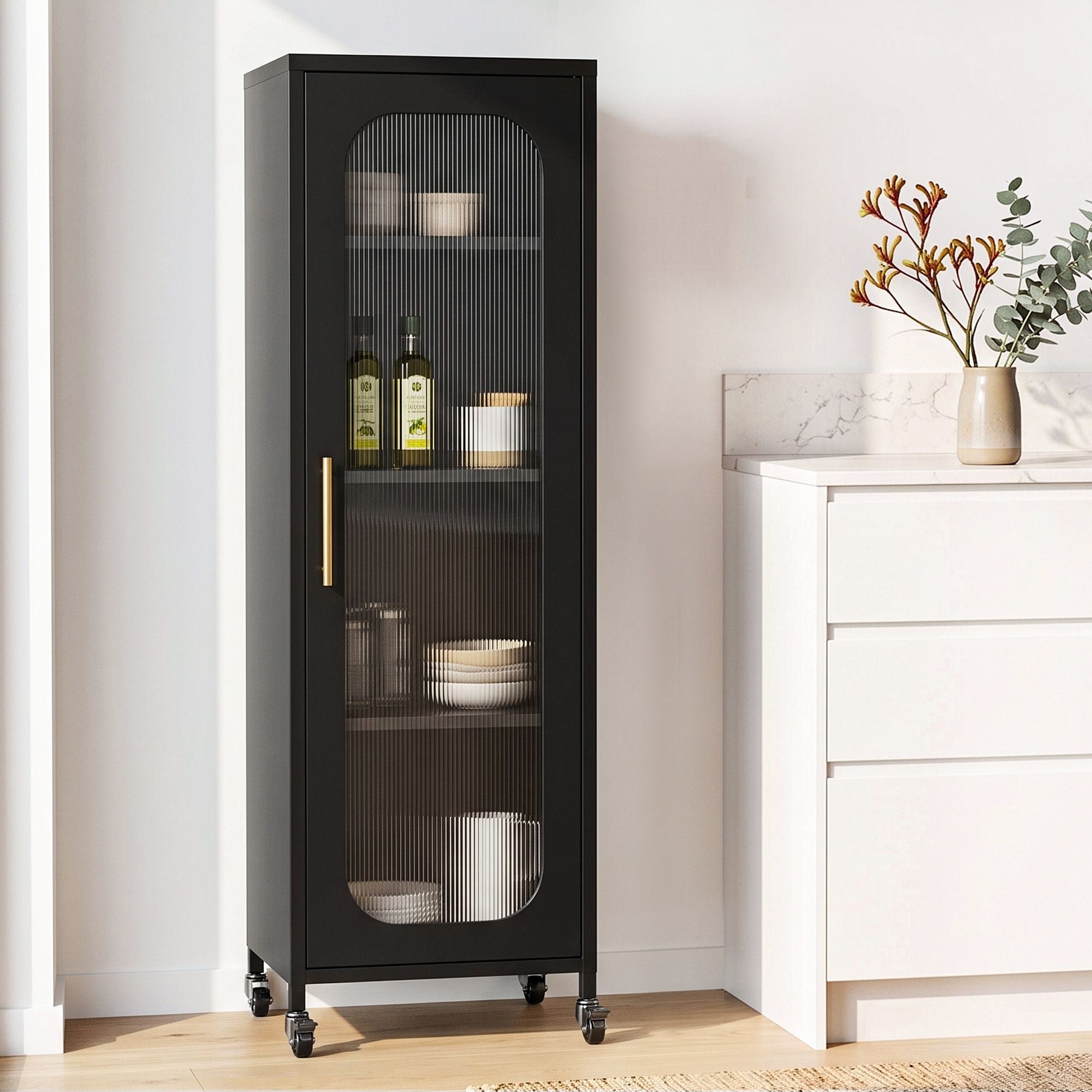 Artiss Buffet Cabinet Sideboard Slim Fluted Kitchen Storage Trolley Wheels Black Bedworld