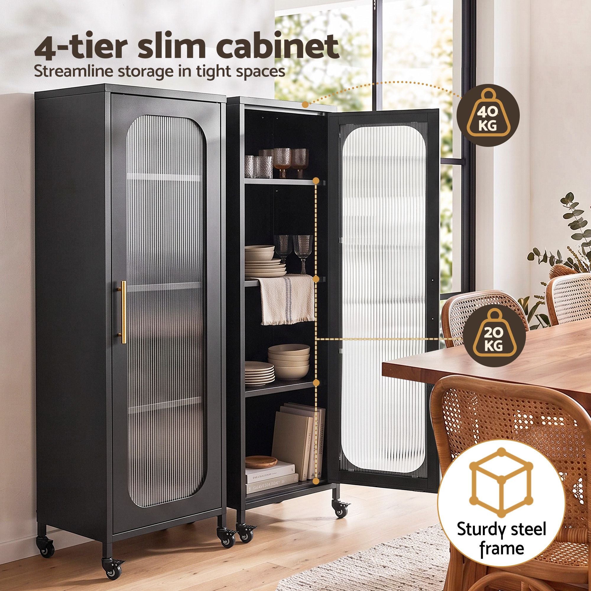 Artiss Buffet Cabinet Sideboard X2 Slim Kitchen Storage Trolley Wheels Black Bedworld