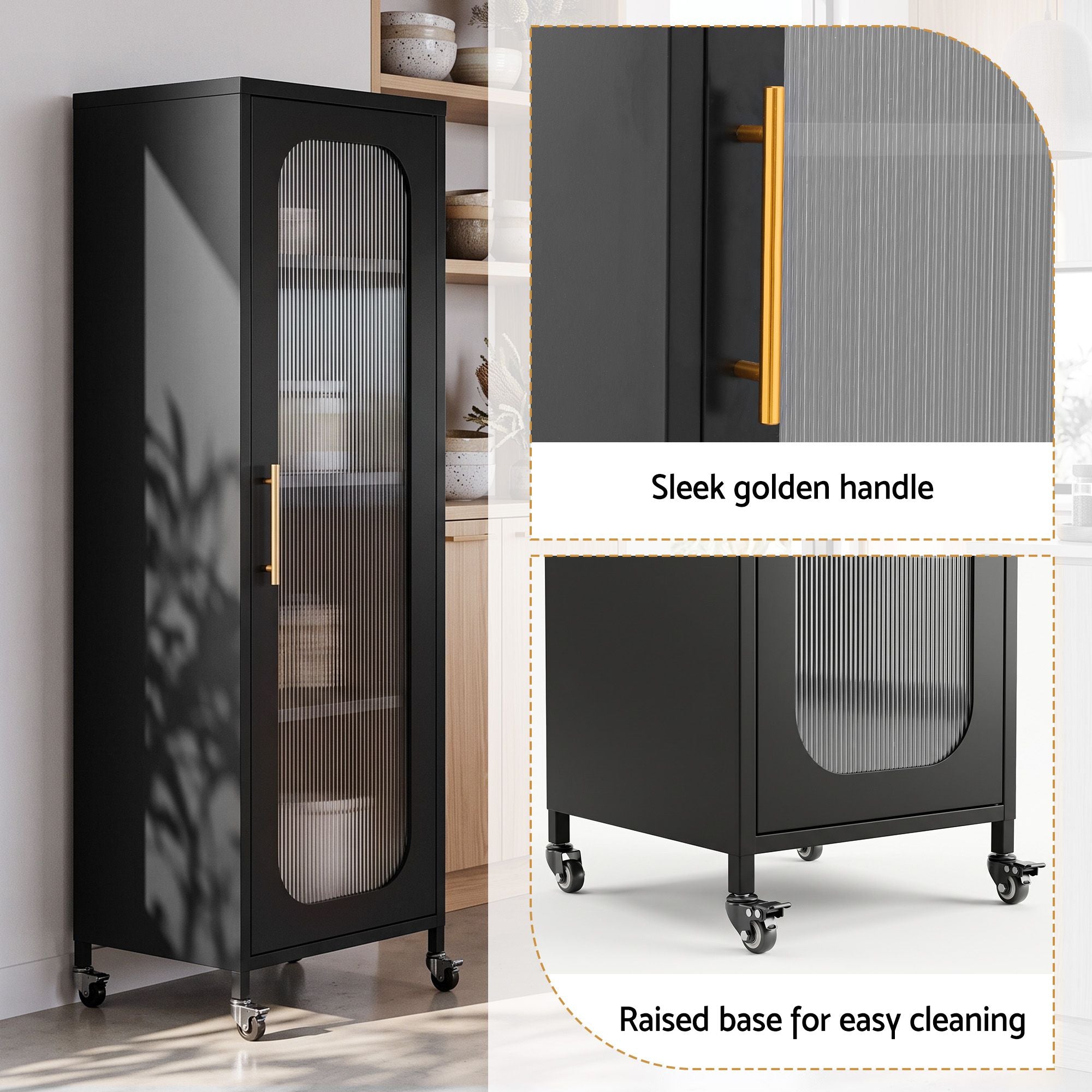 Artiss Buffet Cabinet Sideboard X2 Slim Kitchen Storage Trolley Wheels Black Bedworld