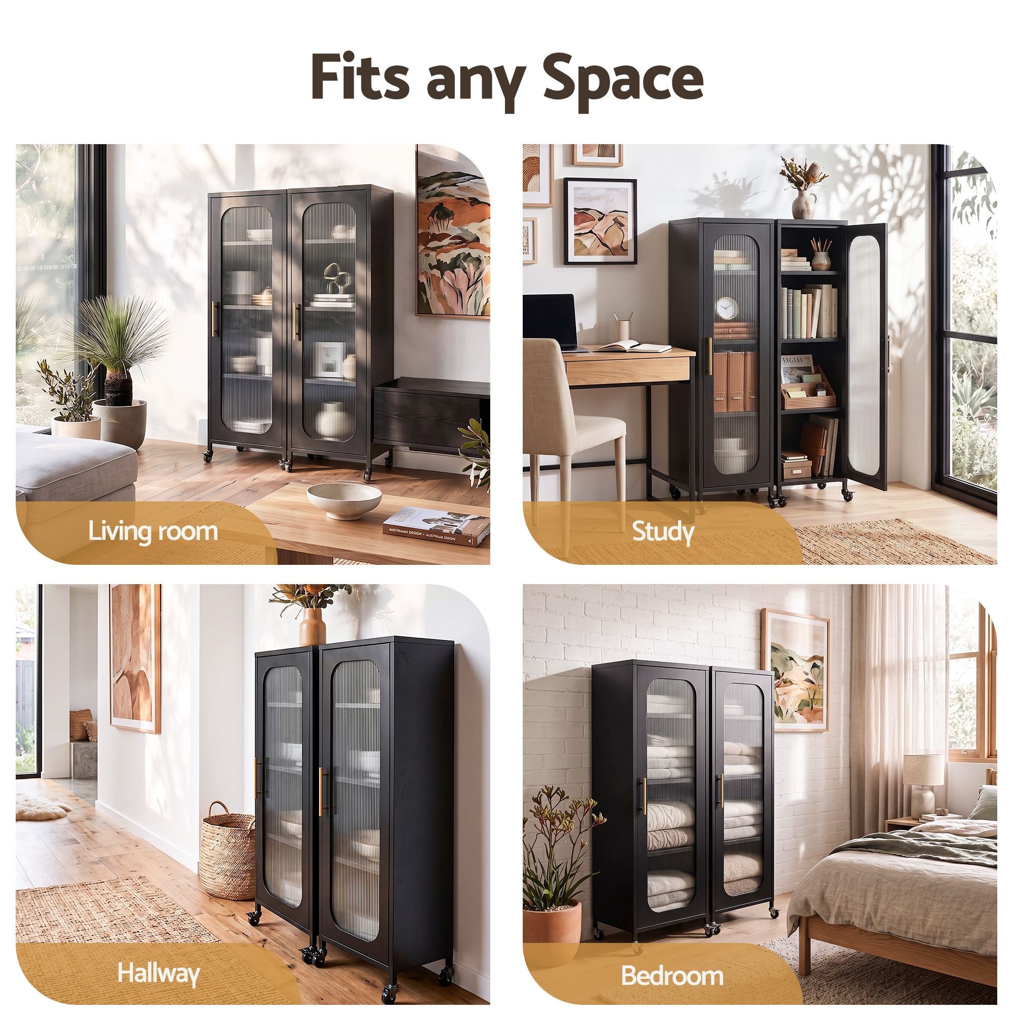 Artiss Buffet Cabinet Sideboard X2 Slim Kitchen Storage Trolley Wheels Black Bedworld
