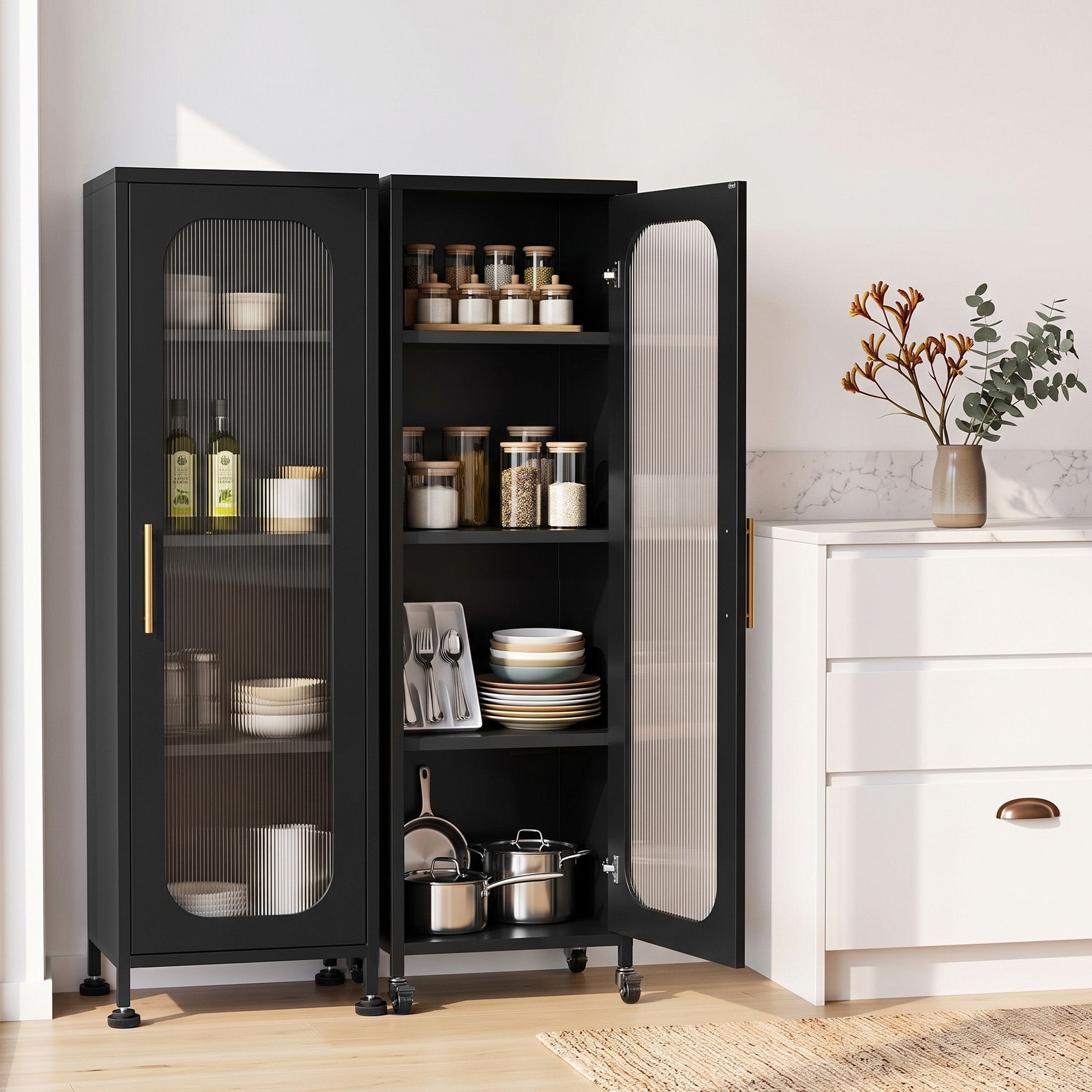 Artiss Buffet Cabinet Sideboard X2 Slim Kitchen Storage Trolley Wheels Black Bedworld