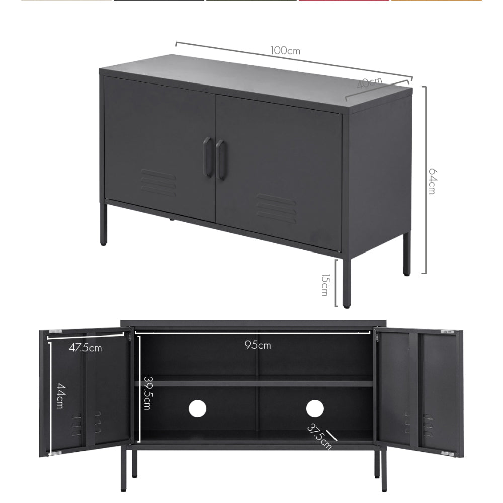 Charcoal metal sideboard cabinet with two front doors and vertical pull handles