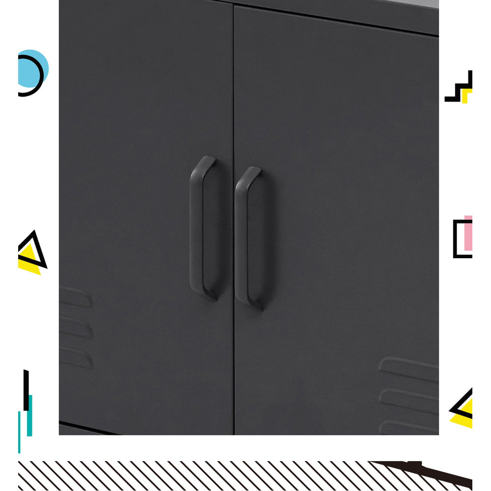 Charcoal metal cabinet doors with curved pull handles and embossed panel detail