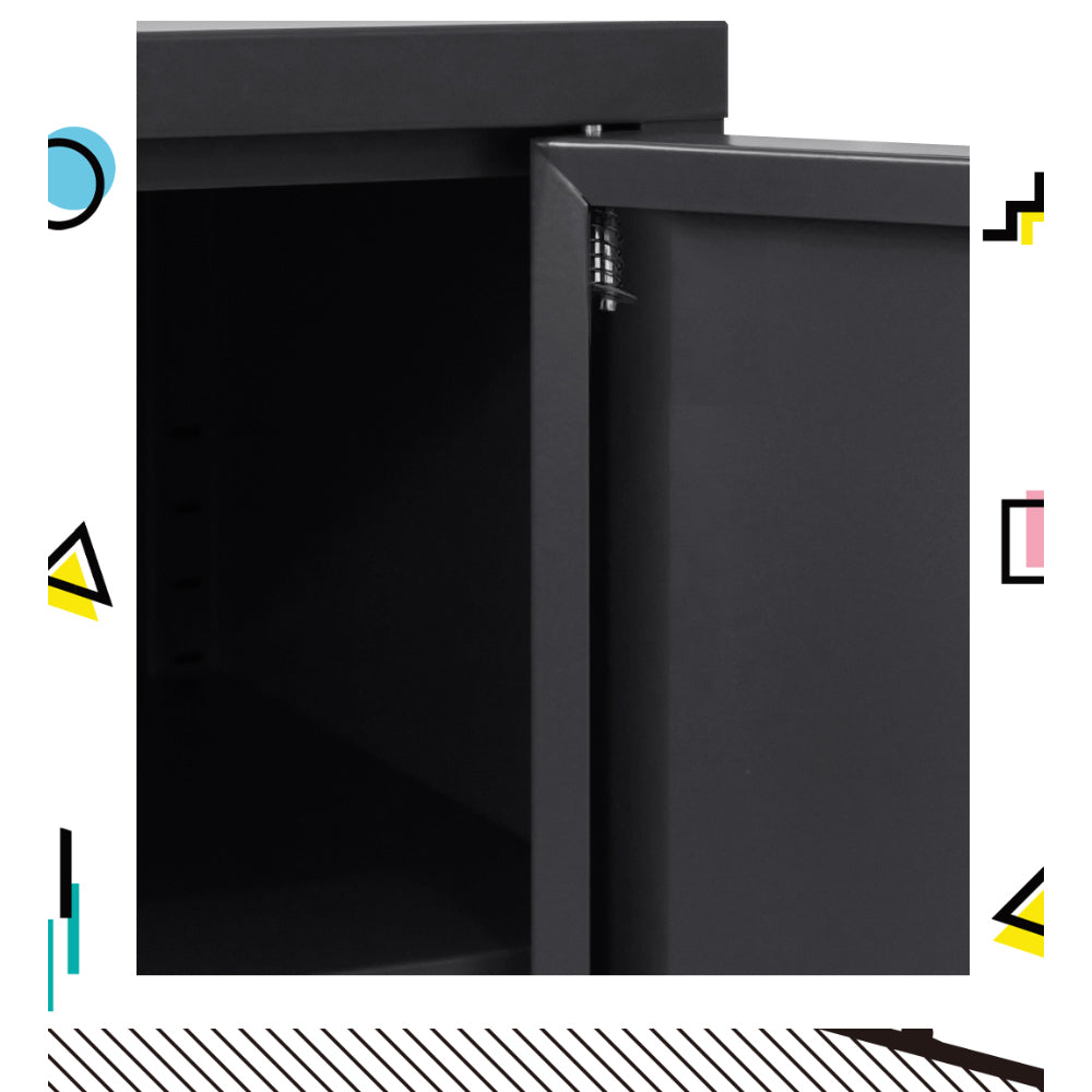 Charcoal metal sideboard cabinet with one door open, showing interior storage