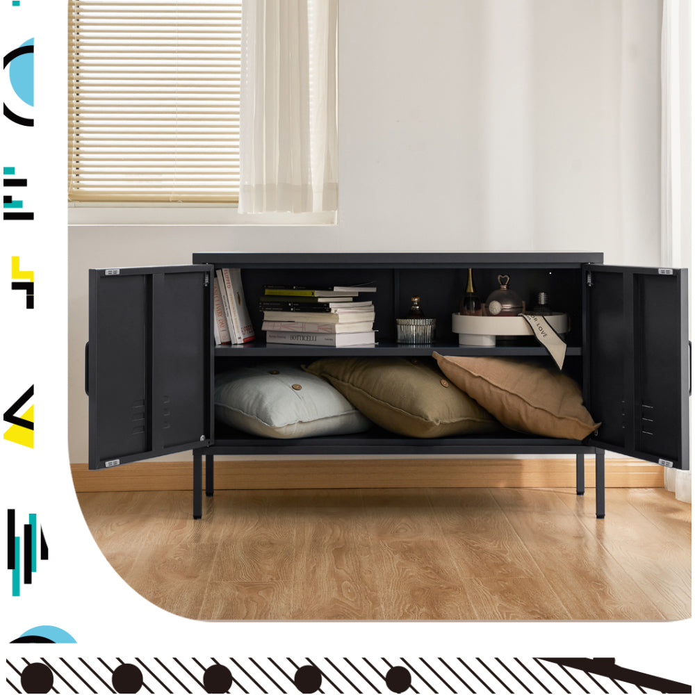Open charcoal metal sideboard cabinet with interior shelf and storage space