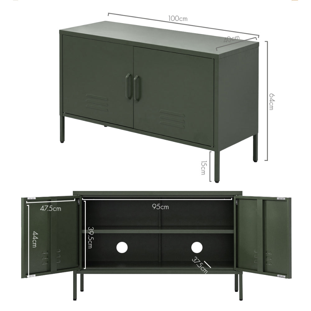 Dark green metal cabinet sideboard with two doors and four slim legs; top view.
