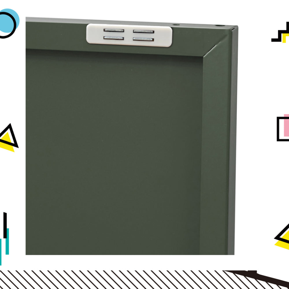 Dark green metal sideboard cabinet front with dual doors and a light underside panel.