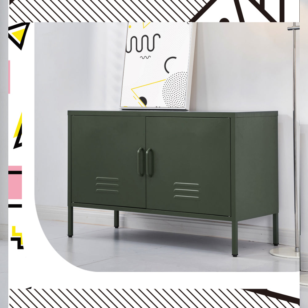 Dark green metal cabinet sideboard with two doors, recessed handle pulls, and slim legs.