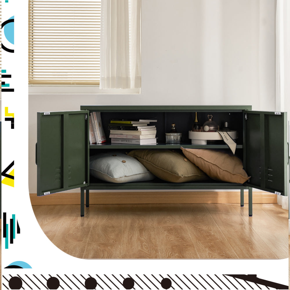 Dark green metal sideboard with doors open to reveal inner shelves and compartments.