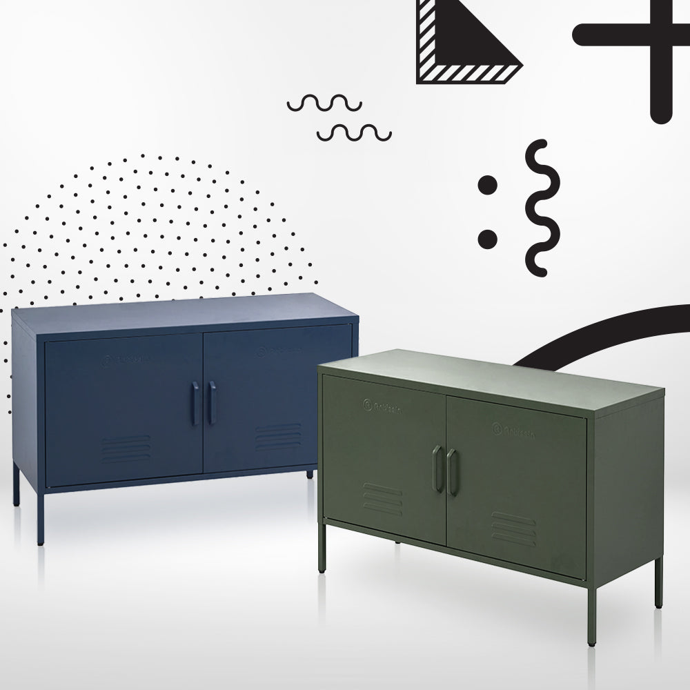Dark green metal sideboard cabinet on tapered legs, featuring two doors and bar handles.
