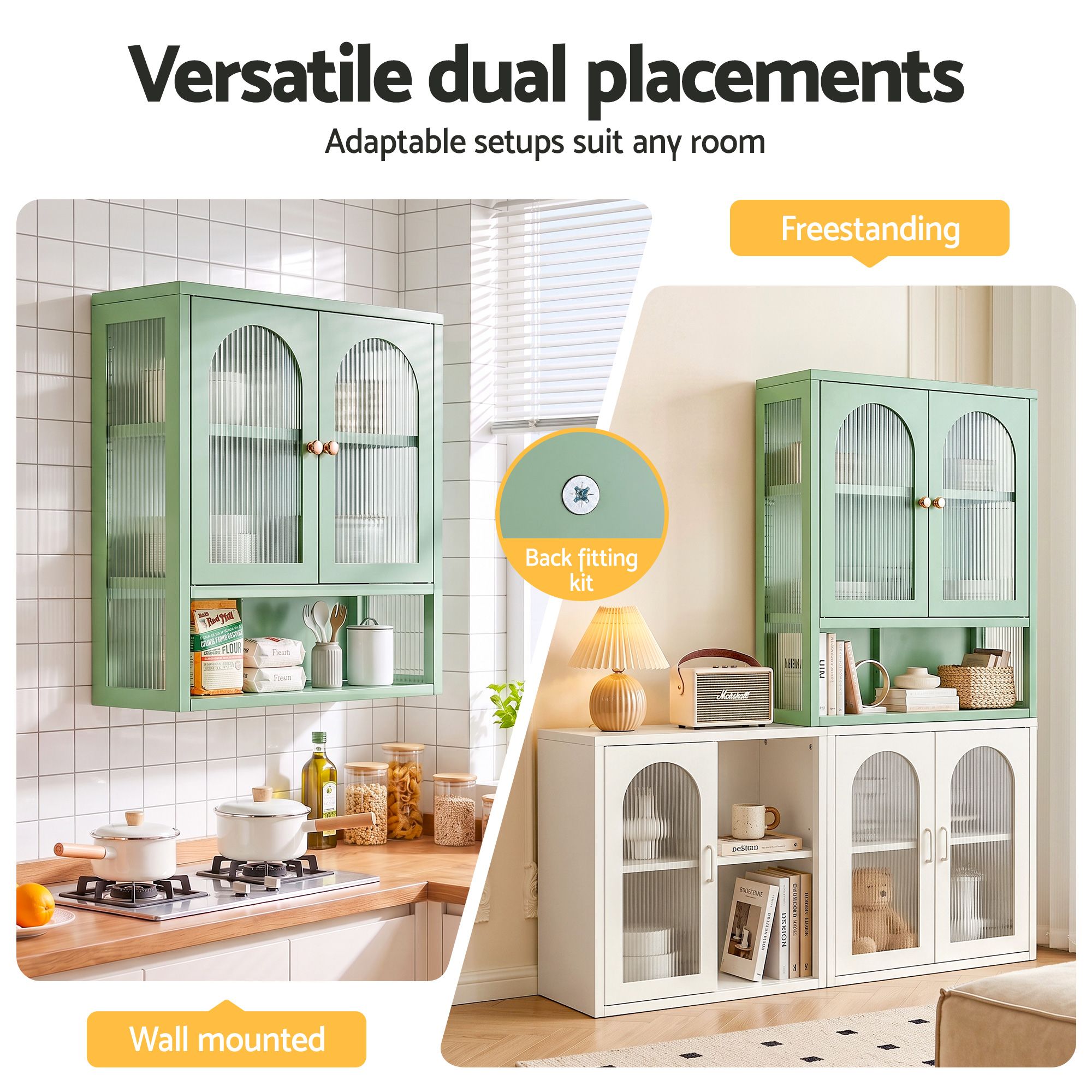Artiss Buffet Cabinet Sideboard Wall Mounted Fluted Display Storage 70cm Green Bedworld