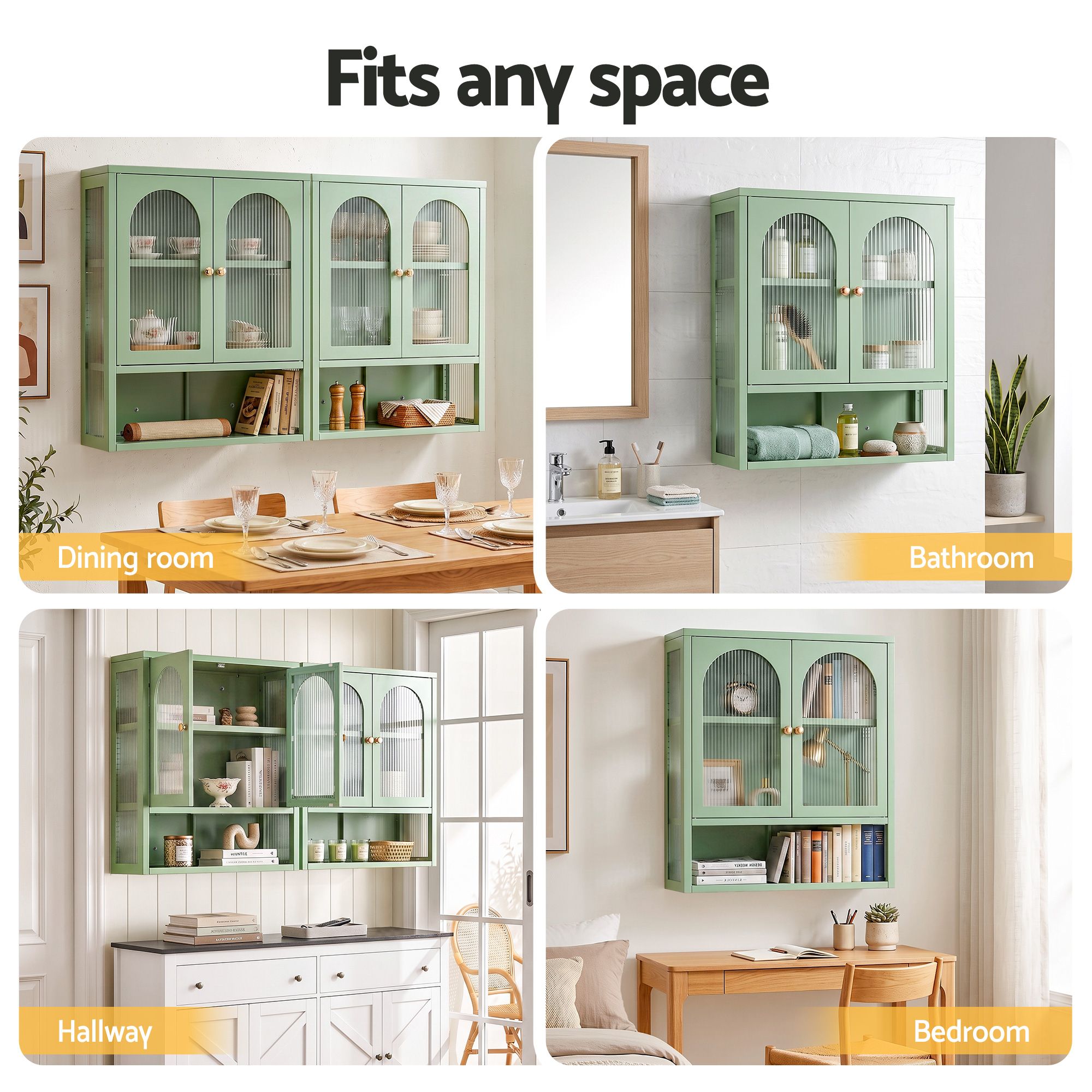 Artiss Buffet Cabinet Sideboard Wall Mounted Fluted Display Storage 70cm Green Bedworld