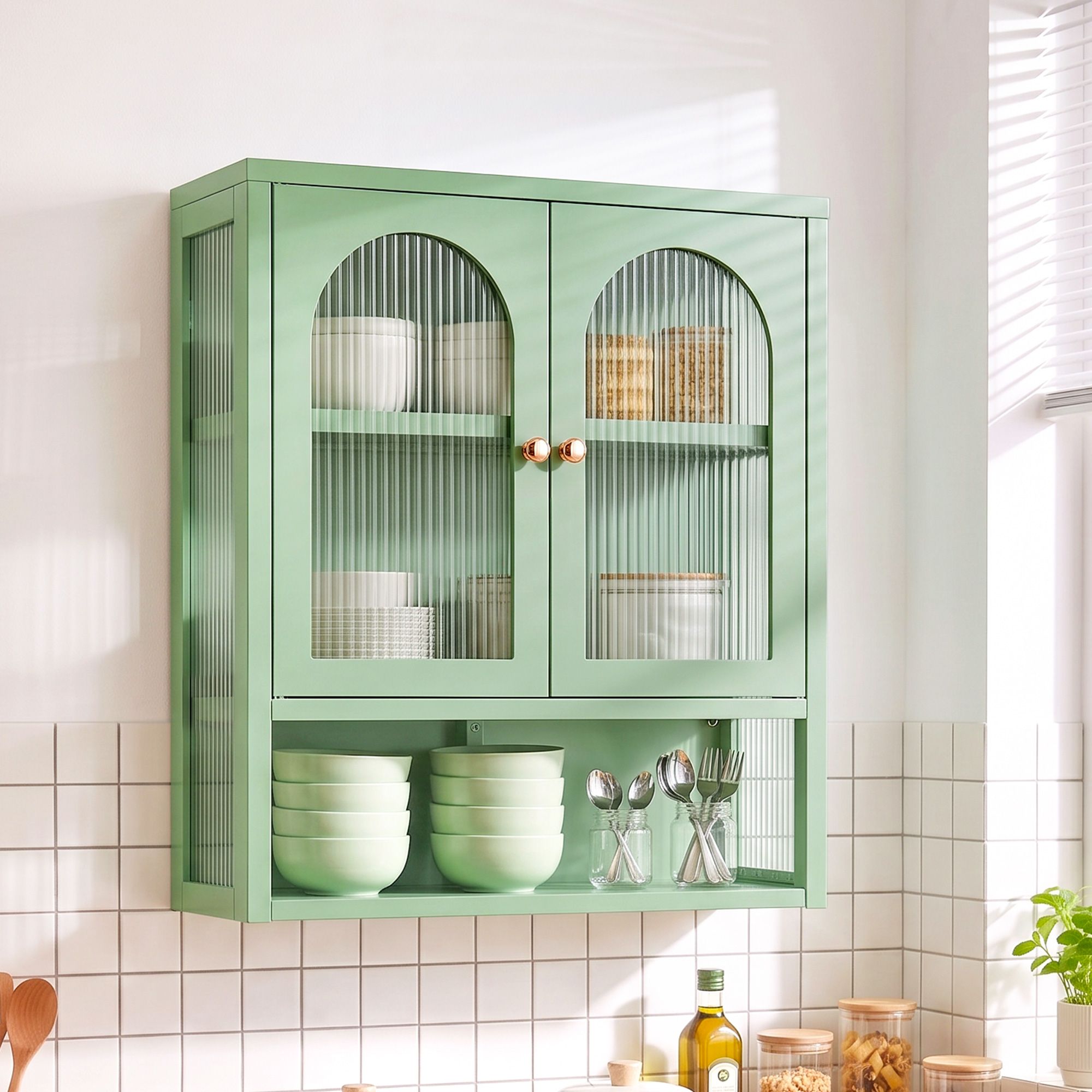 Artiss Buffet Cabinet Sideboard Wall Mounted Fluted Display Storage 70cm Green Bedworld