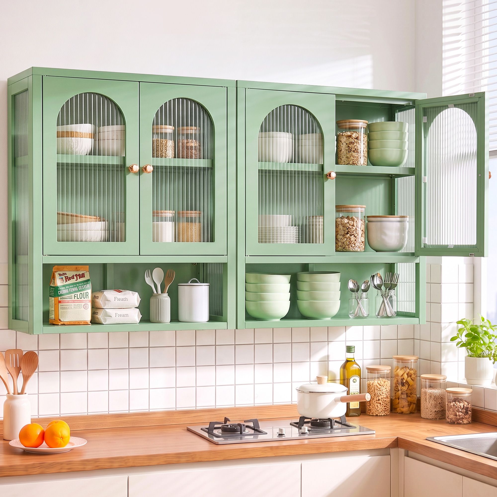 Artiss Buffet Cabinet Sideboards X2 Wall Mounted Fluted Display Storage Green Bedworld