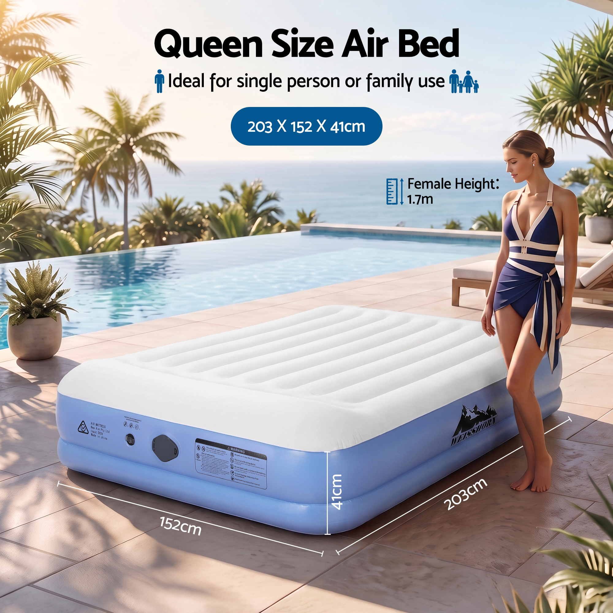 Weisshorn Queen Air Mattress with Rechargeable Cordless Pump 41cm Bedworld