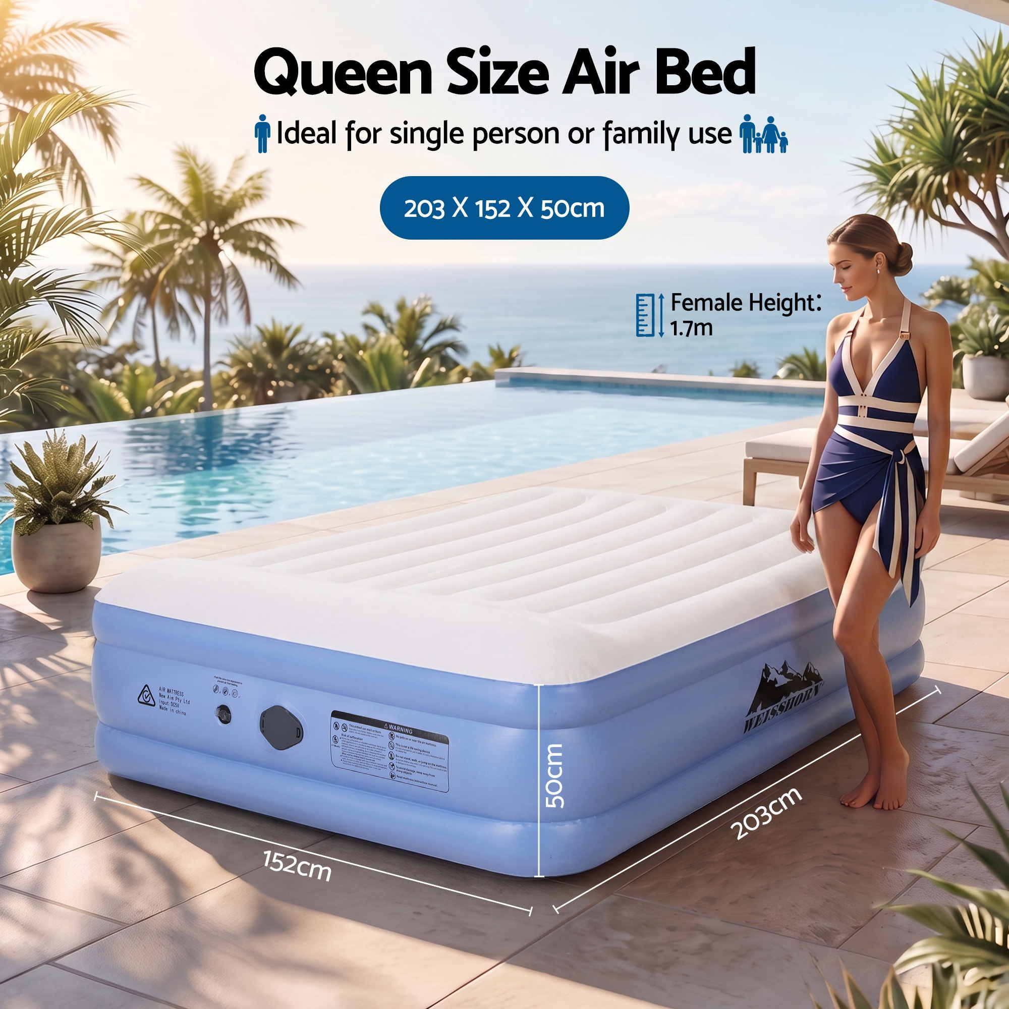 Weisshorn Queen Air Mattress with Rechargeable Cordless Pump 50cm Bedworld