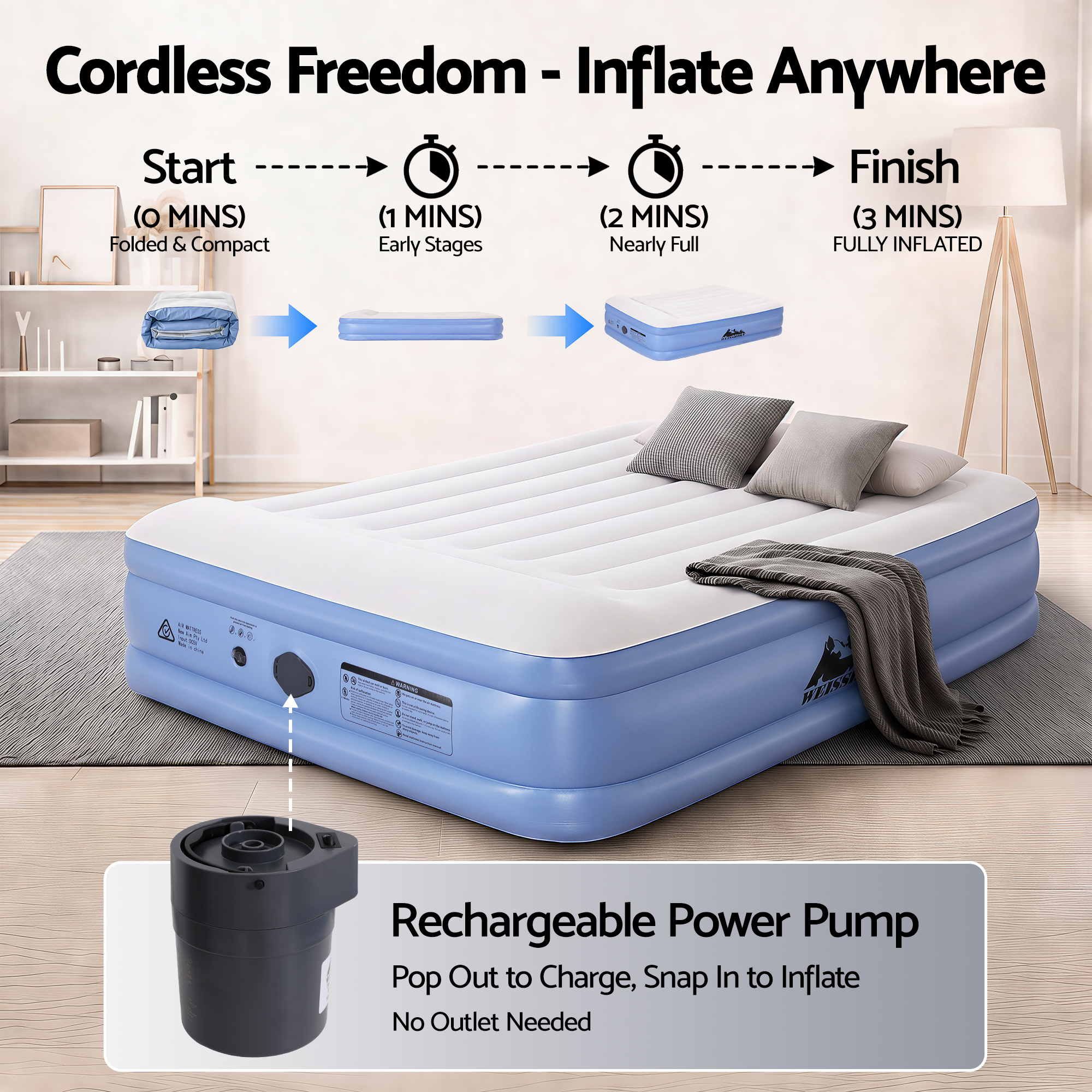 Weisshorn Queen Air Mattress with Rechargeable Cordless Pump 50cm Bedworld
