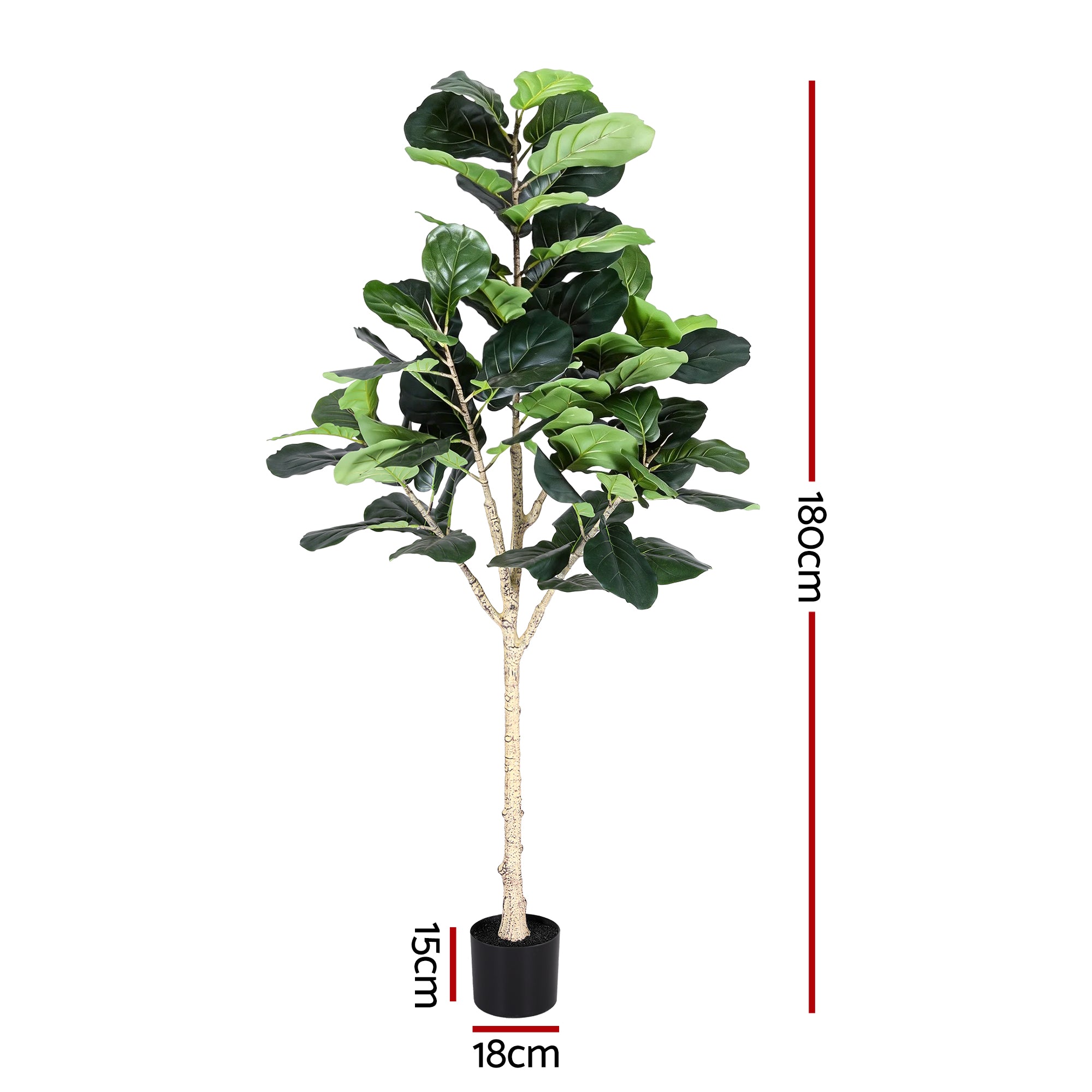 Tall artificial fiddle leaf fig tree with green leaves in a black pot, height marked