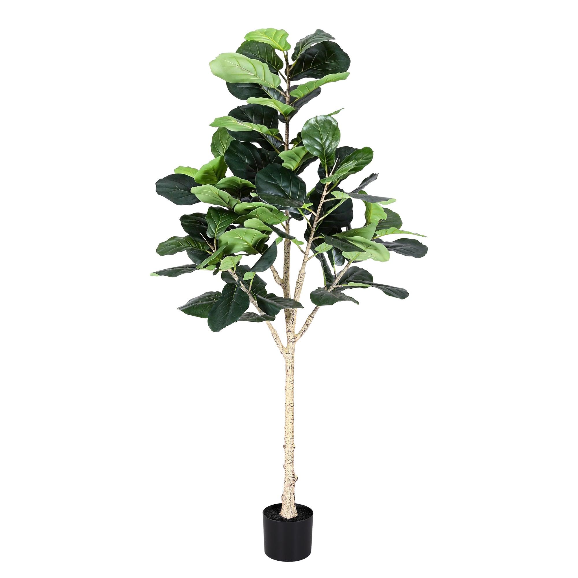 Artificial fiddle leaf fig tree with broad green leaves in a black pot