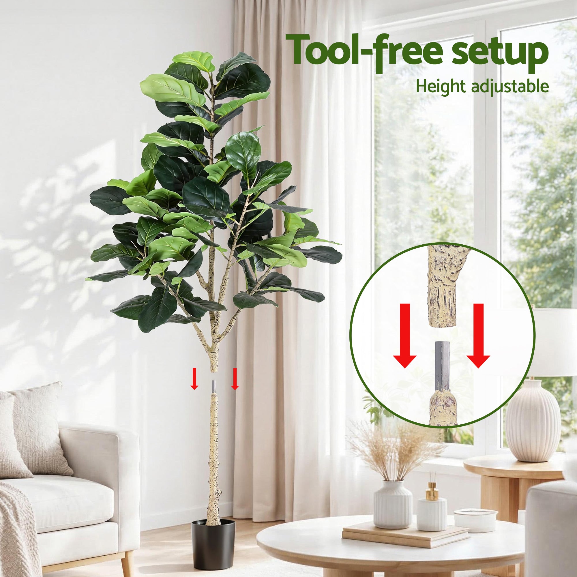 Artificial fiddle leaf fig tree with dark green leaves in a black pot with height range shown