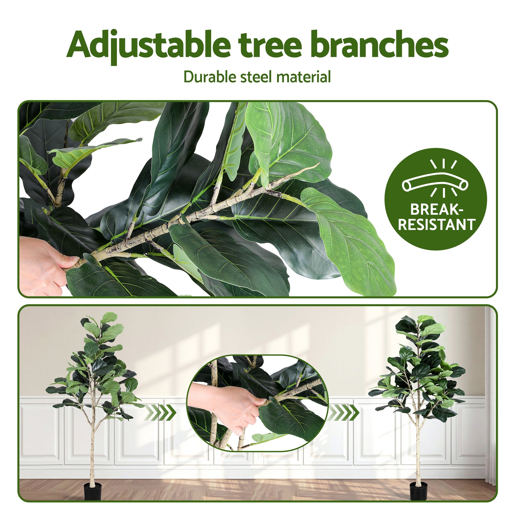 Artificial fiddle leaf fig leaves on adjustable branches attached to an artificial stem