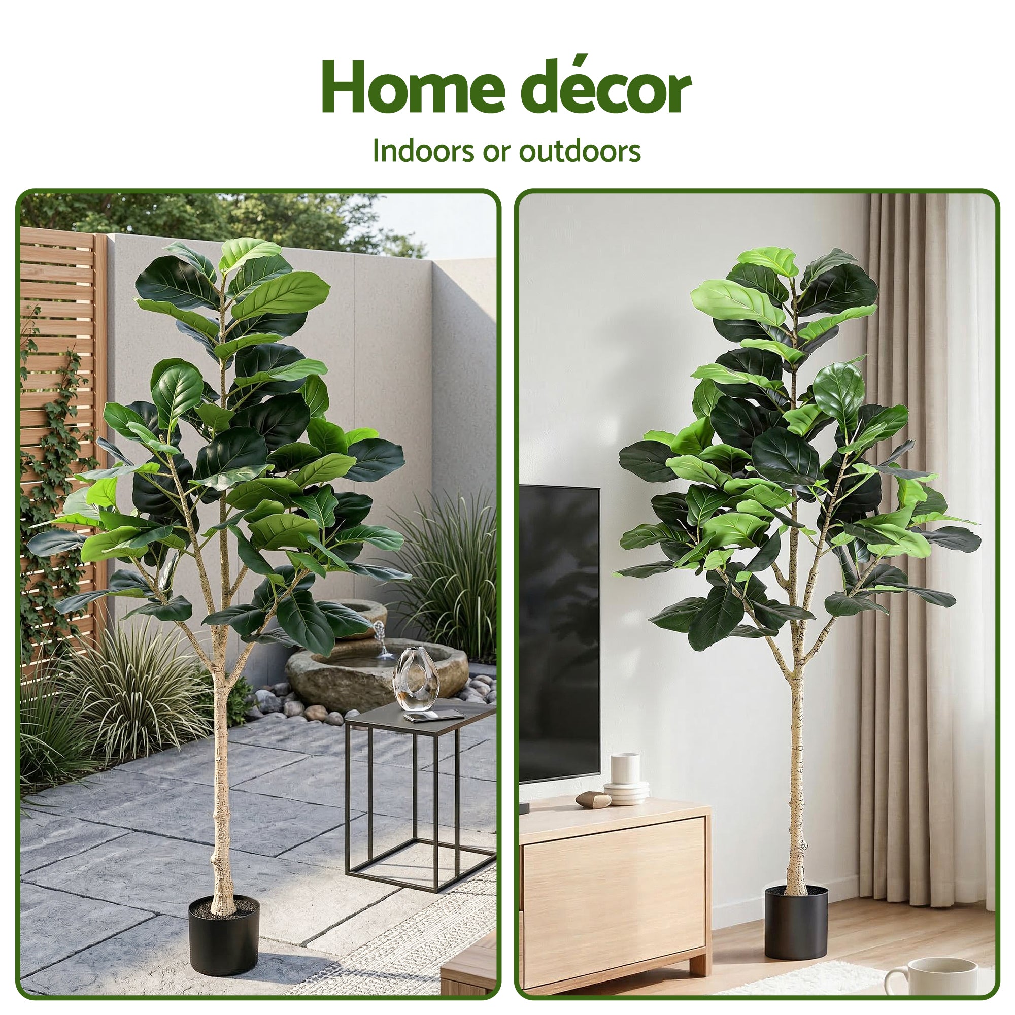 Artificial fiddle leaf fig tree with green foliage in a black pot, shown outdoors and indoors