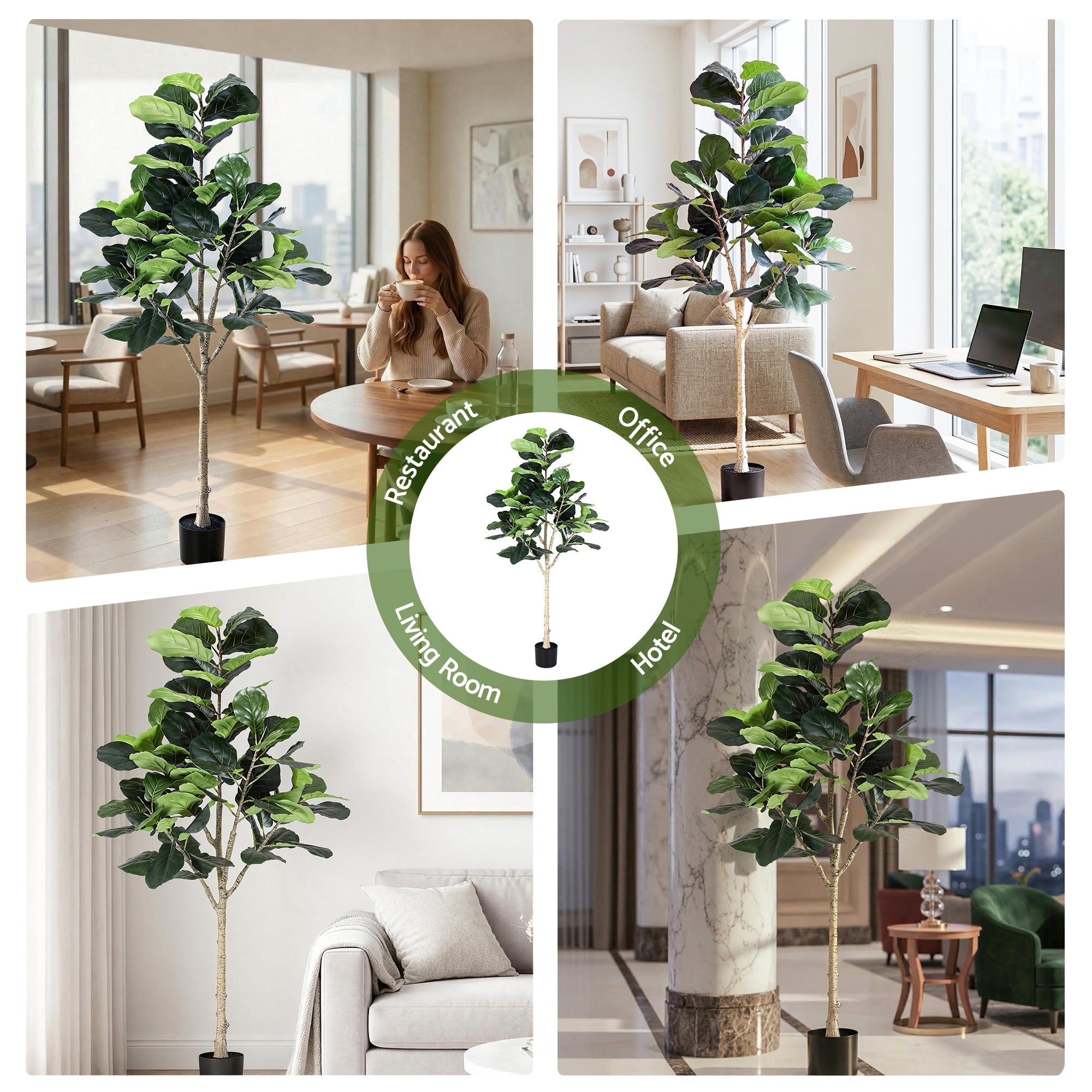 Artificial fiddle leaf fig tree with green leaves in a black pot across a room collage