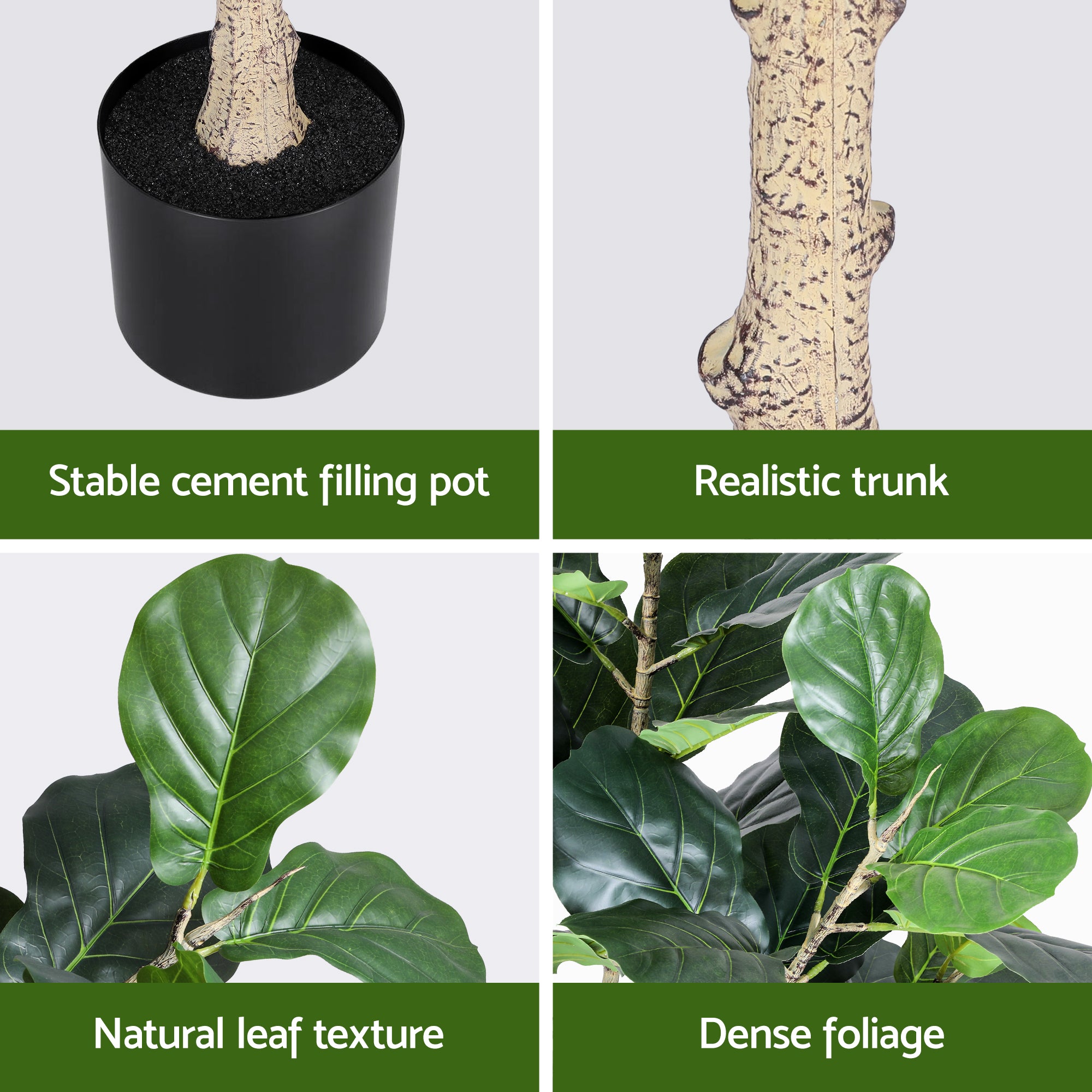 Artificial fiddle leaf tree with stable cement pot, realistic trunk, and dense foliage