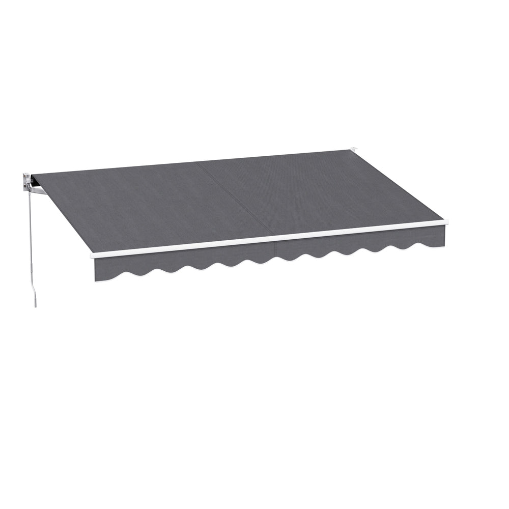 Grey retractable folding arm awning with scalloped valance and flat canopy
